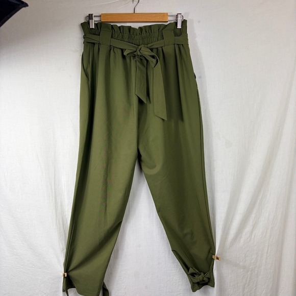 Paper Bag Pants Sz Large Olive Green Bow Tie Pull On High Waist Tapered Ankle - Picture 5 of 13